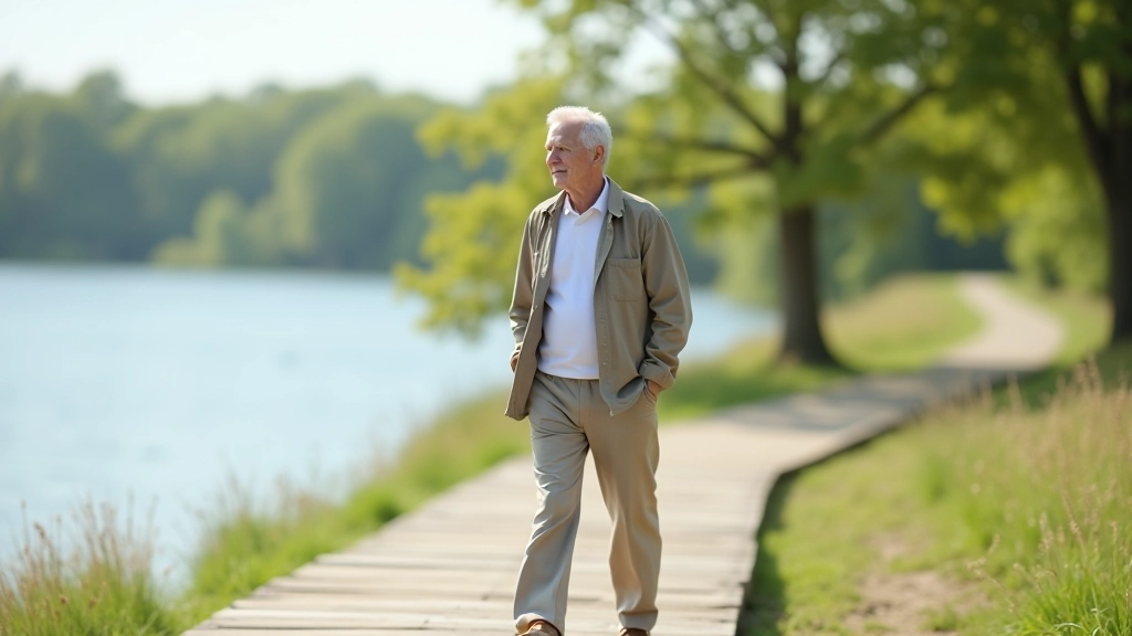 Senioras vaikšto mediniu taku prie ežero, žiūri į vandenį