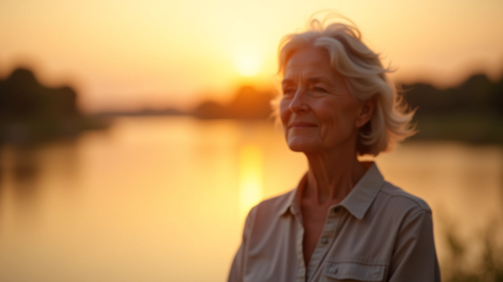 Seniorė žiūri į saulėlydį prie ežero